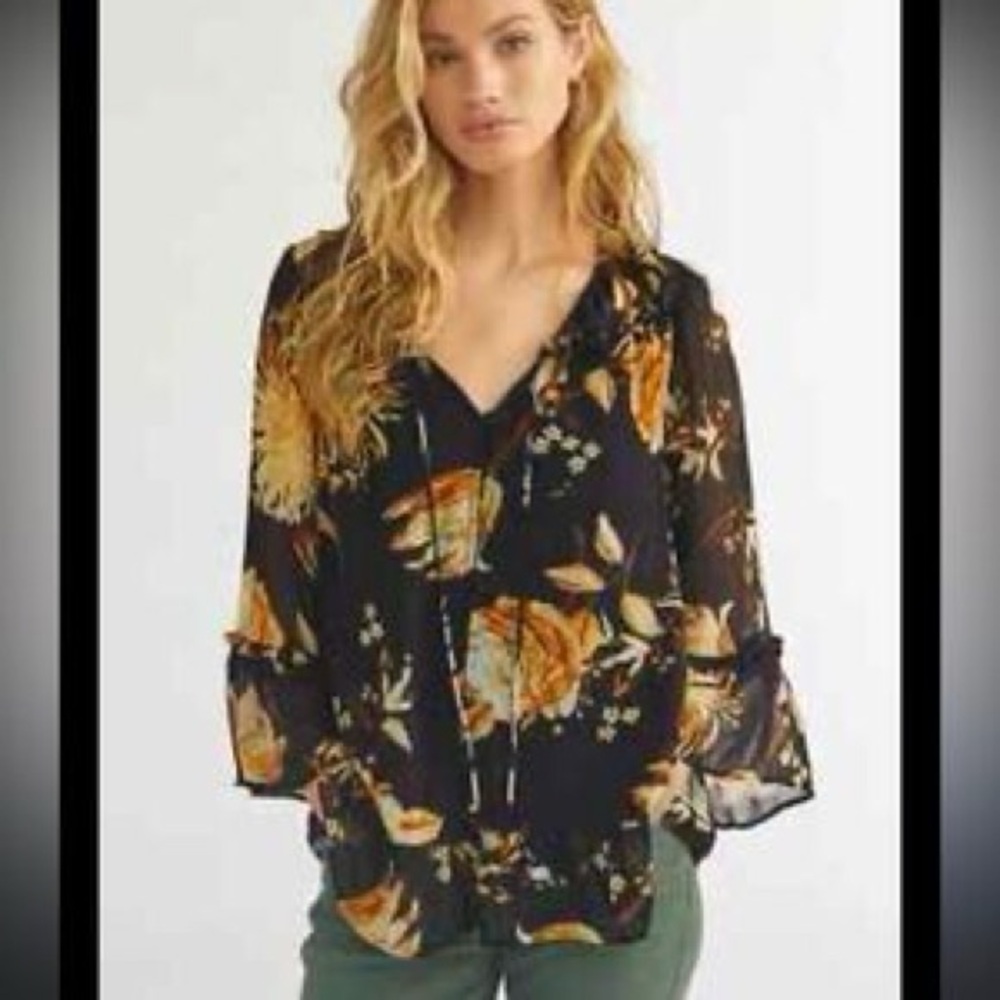Anthropologie Romantic Ruffled Peasant Top Blouse Black Yellow Floral Top Small